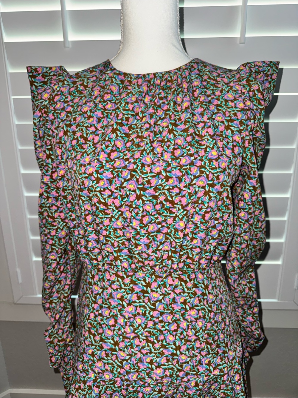 TCEC Brown Floral Mini Dress with Pink and Teal Blooms